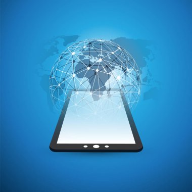 Dijital Ağ bağlantıları, teknolojik altyapı - Cloud Computing tasarım konsepti ile şeffaf geometrik tel kafes ve dünya küre