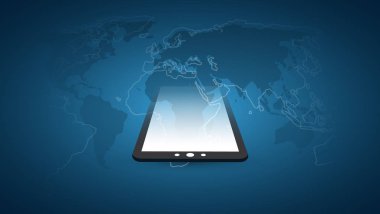 Koyu mavi küresel dijital ağ bağlantıları, mobil teknoloji ve tasarım konsepti ile Dünya Haritası bulut