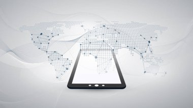 Dijital Ağ bağlantıları, teknolojik altyapı - Cloud Computing tasarım konsepti ile noktalı Dünya Haritası