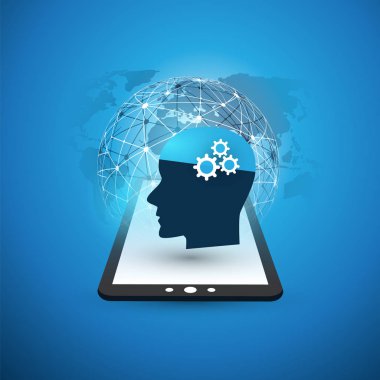 Makine öğrenimi, yapay zeka, bulut bilgisayar ve tasarım konsepti dijital Tablet, tel kafes ve insan kafası ile iletişim