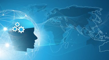 Destek yardım ve ağlar tasarım konsepti Dünya Haritası ve insan kafası ile makine yapay zeka, öğrenme, Cloud Computing, otomatik