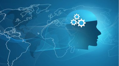 Destek yardım ve ağlar tasarım konsepti Dünya Haritası ve insan kafası ile makine yapay zeka, öğrenme, Cloud Computing, otomatik