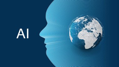 Destek yardım ve ağlar tasarım konsepti Dünya küre ve insan kafası ile makine yapay zeka, öğrenme, Cloud Computing, otomatik