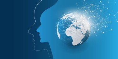 Destek yardım ve ağlar tasarım konsepti Dünya küre ve insan kafası ile makine yapay zeka, öğrenme, Cloud Computing, otomatik