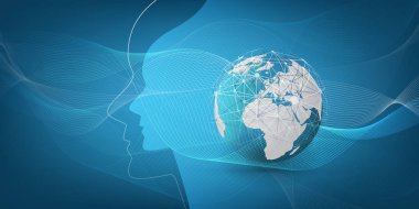 Destek yardım ve ağlar tasarım konsepti Dünya küre ve insan kafası ile makine yapay zeka, öğrenme, Cloud Computing, otomatik