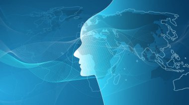 Öğrenme, yapay zeka makine, Cloud Computing, Global otomatik destek yardım ve ağlar tasarım konsepti ile Dünya Haritası, dalgalı desen ve insan kafası