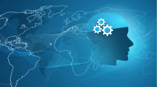 Destek yardım ve ağlar tasarım konsepti Dünya Haritası ve insan kafası ile makine yapay zeka, öğrenme, Cloud Computing, otomatik
