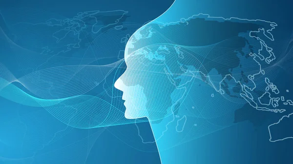 Öğrenme, yapay zeka makine, Cloud Computing, Global otomatik destek yardım ve ağlar tasarım konsepti ile Dünya Haritası, dalgalı desen ve insan kafası