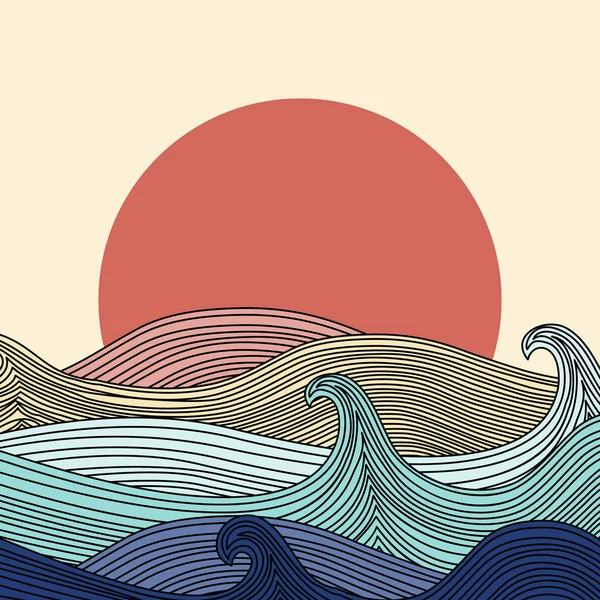 Absztrakt színes művészeti naplemente és a tenger hullámok koncepció kreatív Design — Stock Vector