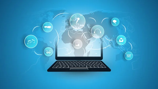 Connexions au réseau numérique, arrière-plan technologique Concept de conception d'informatique en nuage avec ordinateur portable, icônes et carte du monde — Image vectorielle