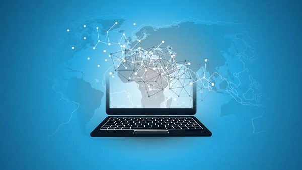Digitale Netzwerkverbindungen, technologischer Hintergrund - Designkonzept Cloud Computing mit Laptop und Weltkarte — Stockvektor