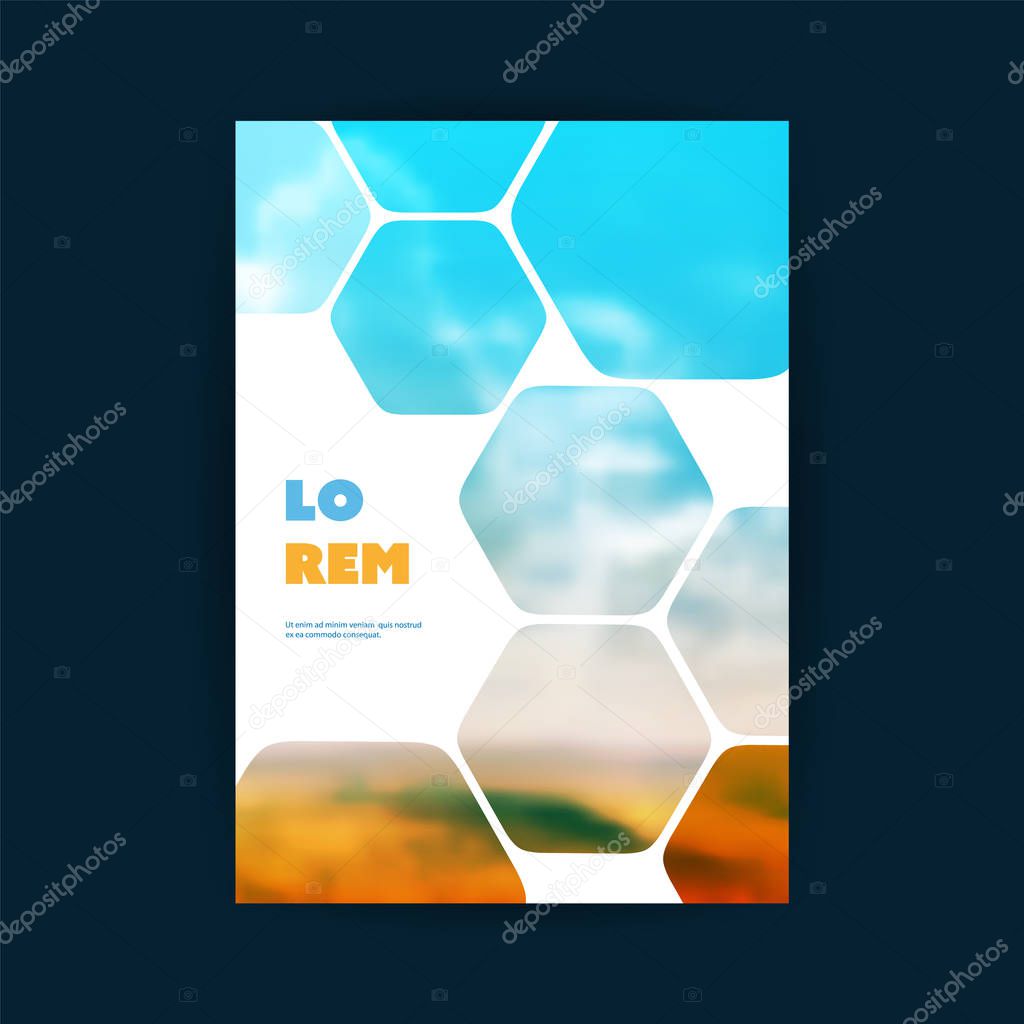 Modern Style Tiled Flyer or Cover Design for Your Business with Blurry Blue Sky View Image - Template Applicable for Reports, Presentations, Placards, Posters, Travel Guides 