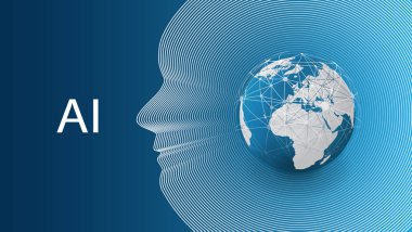 Destek yardım ve ağlar tasarım konsepti Dünya küre ve insan kafası ile makine yapay zeka, öğrenme, Cloud Computing, otomatik