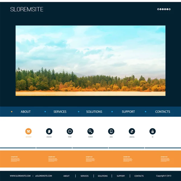 Plantilla de diseño del sitio web para su negocio con fondo de imagen natural Riverside, árboles, cielo nublado — Vector de stock