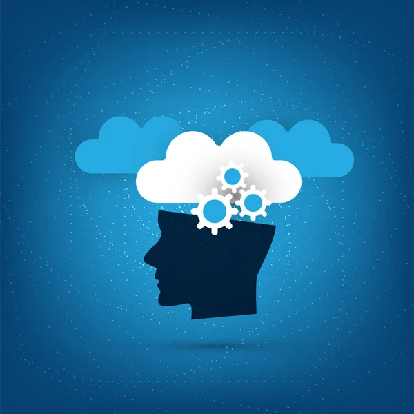 Concept d'apprentissage automatique, d'intelligence artificielle et de conception de réseaux avec nuages et tête humaine — Image vectorielle