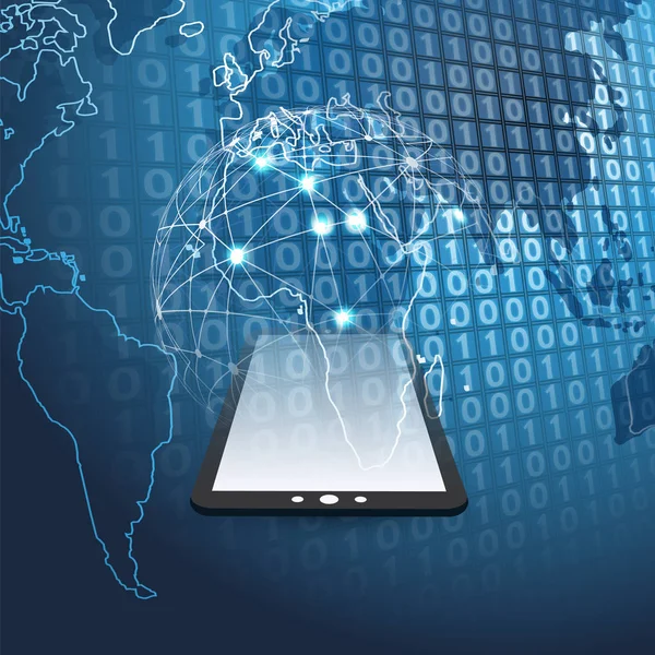 Cloud Computing, Netzwerkstruktur, Konzeption von Telekommunikationskonzepten, weltweite Netzwerkverbindungen mit Tablet-PC und 3D-digitalem Binärcode mit strukturiertem Hintergrund — Stockvektor