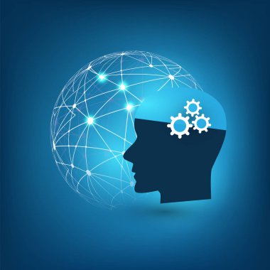 Destek yardım ve ağlar tasarım konsepti ile dünya ve insan kafası makine yapay zeka, öğrenme, Cloud Computing, otomatik