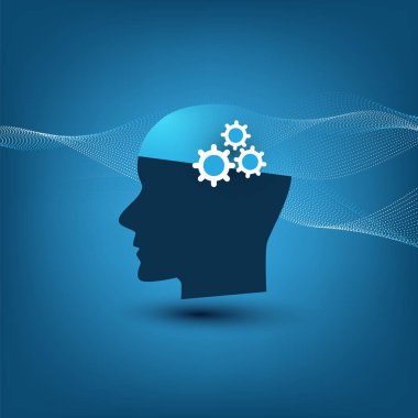 Makine öğrenimi, yapay zeka ve ağlar tasarım konsepti ile dalgalı çizgiler ve insan kafası