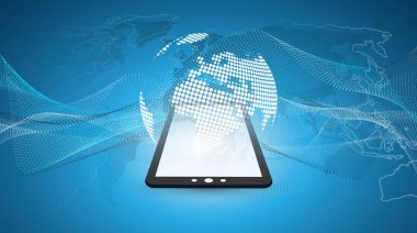 Fütüristik parlak küresel teknoloji, ağ ve tasarım konsepti Dünya küre, Dünya Haritası ve Tablet Pc - dijital ağ bağlantıları, teknolojik altyapı ile bulut