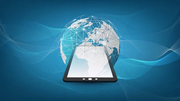 Futuristische heldere wereldwijde technologische, Networking en Cloud Computing Design Concept met Earth Globe en Tablet Pc - digitale netwerkverbindingen, technische achtergrond — Stockvector