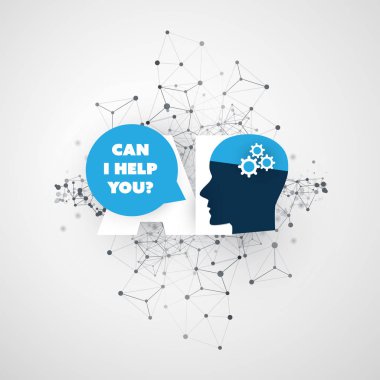 Yardımcı olabilir miyim? -Küresel Ai yardım, destek, dijital cihazı, otomatik insan kafası ile derin öğrenme ve gelecekteki teknoloji konsept tasarımı