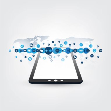 Internet Tablet Pc ve simgeler - dijital ağ bağlantıları, teknolojik altyapı ile şeyler dizayn kavramının