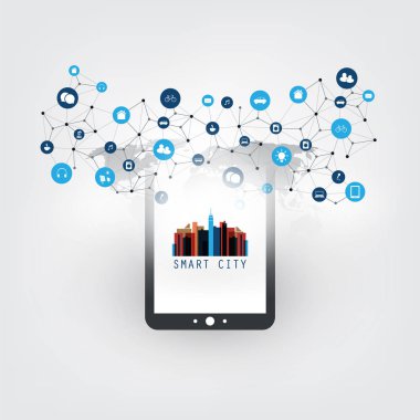 Akıllı şehir, Internet Tablet Pc ve simgeler - dijital ağ bağlantıları, teknolojik altyapı ile şeyler dizayn kavramının