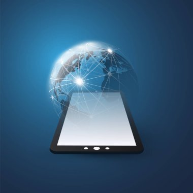 Cloud Computing tasarım konsepti ile dünya küre ve Tablet Pc - dijital ağ bağlantıları, teknolojik altyapı