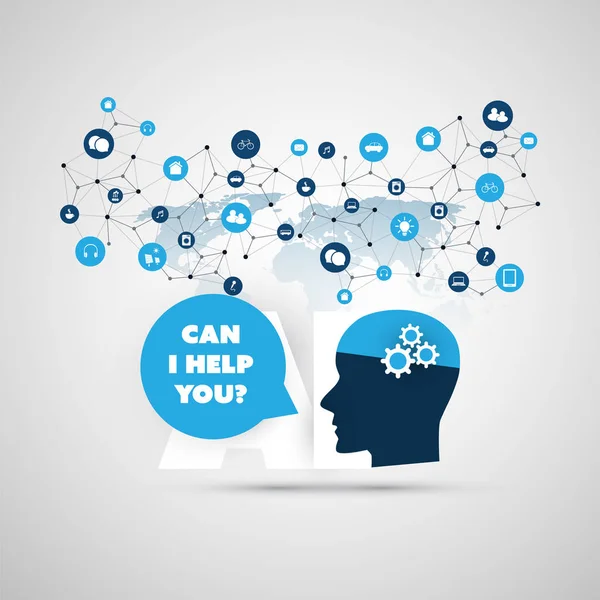 Segíthetek? -Globális Ai segítséget, automatizált támogató, digitális támogatás, mély tanulási és jövő intelligens technológia koncepció kialakítása, az emberi fej — Stock Vector