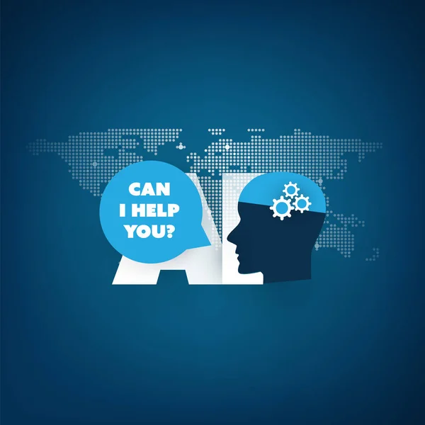 Can I Help You? - Global AI Assistance, Automated Support, Digital Aid, Deep Learning and Future Technology Concept Design with World Map and Human Head — Stock Vector