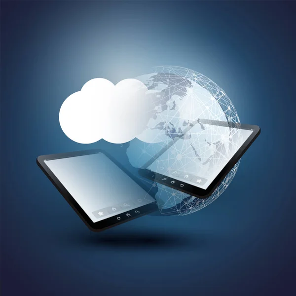 Cloud Computing Design Concept - Connessioni di rete digitali, Sfondo tecnologico con Earth Globe e Tablet PC — Vettoriale Stock