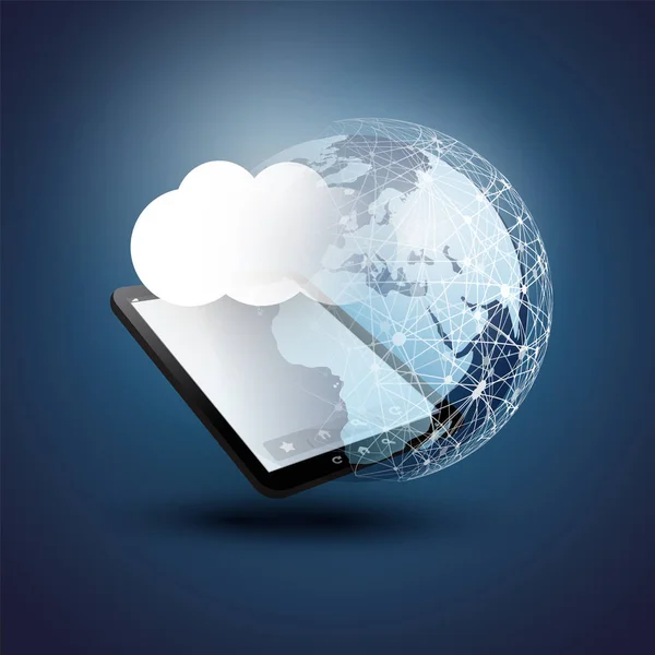 Concept de conception Cloud Computing Connexions réseau numérique, arrière-plan technologique avec Globe Terre et Tablet PC — Image vectorielle