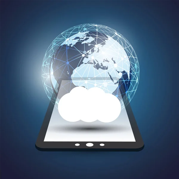 Cloud Computing-Design Concept - digitale netwerkverbindingen, technische achtergrond met Earth Globe en Tablet Pc — Stockvector