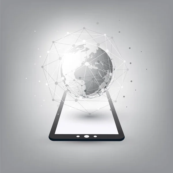 Cloud Computing Design Concept met Earth Globe en Tablet Pc - digitale netwerkverbindingen, technische achtergrond — Stockvector