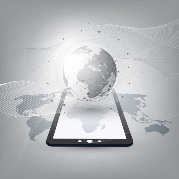 Cloud Computing Design Concept met Earth Globe en Tablet Pc - digitale netwerkverbindingen, technische achtergrond — Stockvector