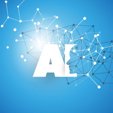 Makine öğrenimi, yapay zeka, bulut bilgisayar ve tasarım konsepti ile geometrik ağ kafes ve AI etiket iletişim