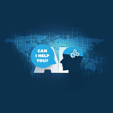 Yardımcı olabilir miyim? -Küresel Ai yardım, destek, dijital cihazı, Otomatik Dünya Haritası ve insan kafası ile derin öğrenme ve gelecekteki teknoloji konsept tasarımı