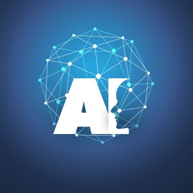 Makine öğrenimi, yapay zeka, bulut bilgisayar ve tasarım konsepti ile geometrik ağ kafes ve AI etiket iletişim