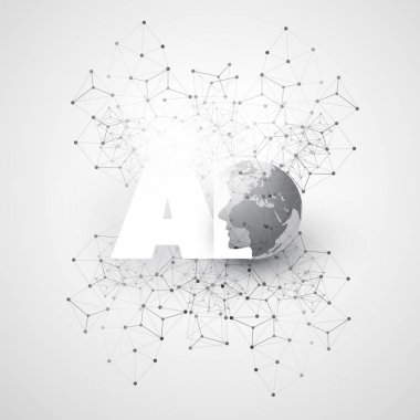 Makine öğrenimi, yapay zeka, bulut bilgisayar ve tasarım konsepti ile geometrik ağ kafes ve AI etiket iletişim