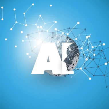 Makine öğrenimi, yapay zeka, bulut bilgisayar ve tasarım konsepti ile geometrik ağ kafes ve AI etiket iletişim