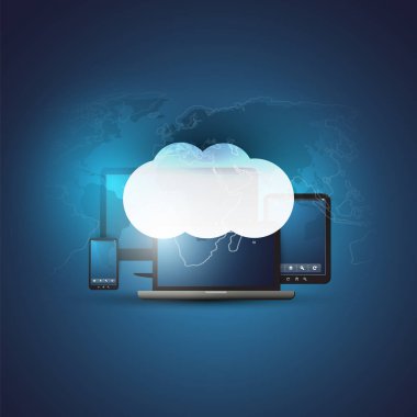 Cloud Computing tasarım konsepti ile mobil elektronik cihazlar ve Dünya Haritası - dijital ağ bağlantıları, teknolojik altyapı