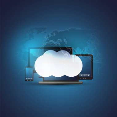 Cloud Computing tasarım konsepti ile mobil elektronik cihazlar ve Dünya Haritası - dijital ağ bağlantıları, teknolojik altyapı