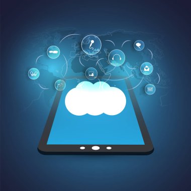 Tasarım konsepti ile Tablet Pc, Dünya Haritası ve dijital medya ve Hizmetleri - ağ bağlantıları, teknolojik altyapı gösteren simgeler bulut
