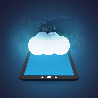 Cloud Computing Tablet ve Dünya Haritası - dijital ağ bağlantıları, teknolojik altyapı ile tasarım konsepti