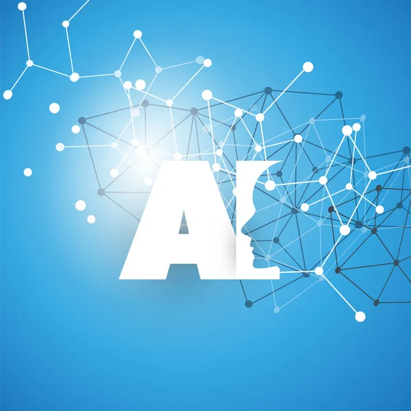 Machine Learning, künstliche Intelligenz, Cloud Computing und Netzwerkdesign-Konzept mit geometrischem Netzwerk-Netz und ai-Label — Stockvektor
