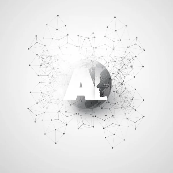 Aprendizaje automático, inteligencia artificial, computación en la nube y diseño de redes con malla de red geométrica y etiqueta de IA — Archivo Imágenes Vectoriales