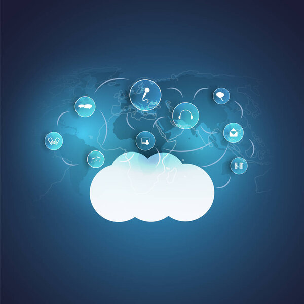 Cloud Computing Design Concept with World Map and Icons Representing Digital Media and Services - Network Connections, Technology Background