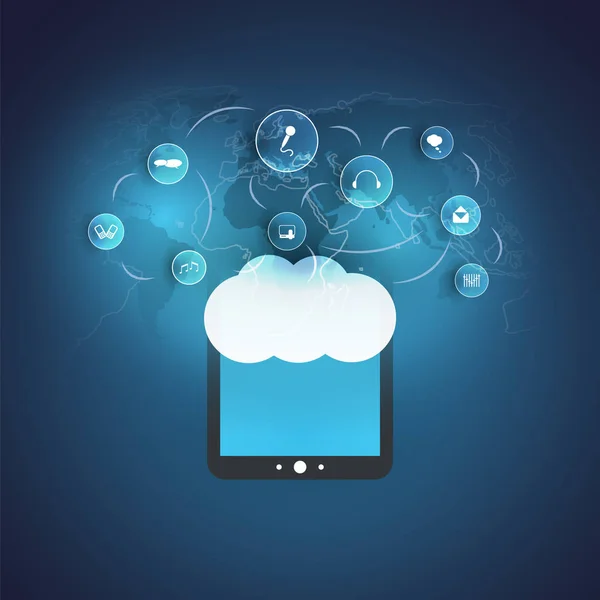 Cloud Computing-Design Concept met de Tablet Pc, wereldkaart en pictogrammen die vertegenwoordigen van digitale Media en diensten - netwerkverbindingen, technische achtergrond — Stockvector