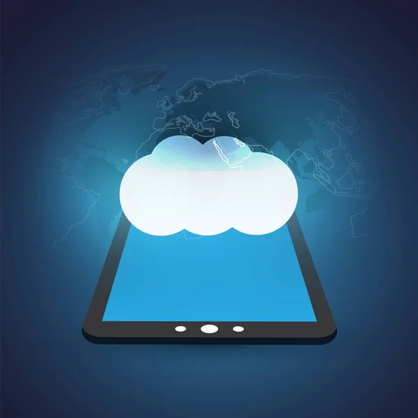 Concepto de diseño de computación en nube con Tablet y mapa del mundo: conexiones de red digital, antecedentes tecnológicos — Archivo Imágenes Vectoriales