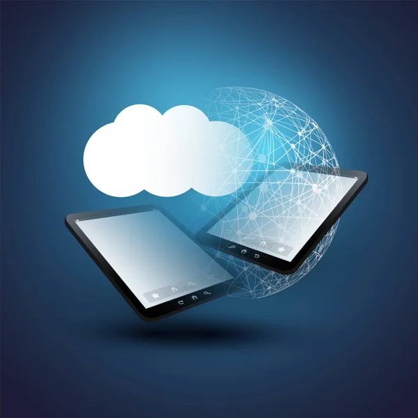 Cloud Computing Design Concept - digitale netwerkverbindingen, technische achtergrond met Globe en Tablet Pc — Stockvector